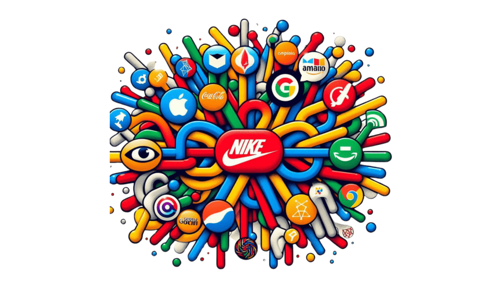 Artful depiction of a central Nike logo encircled by globally recognized symbols from brands such as Apple, Google, and McDonald's, crafted to create a vibrant, eye-catching explosion of colors and shapes that evoke creative link-building strategies.