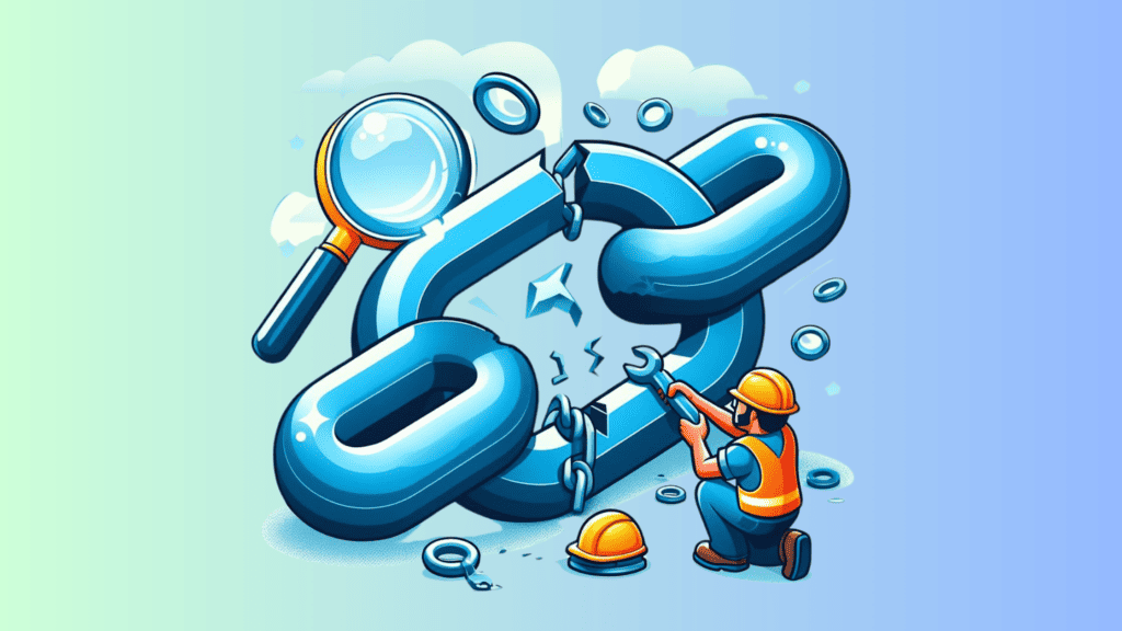 Illustration of a cartoon worker in an orange hard hat and overalls fixing a large blue link with a silver wrench to represent creative link building strategies, with a magnifying glass nearby, all surrounded by soap bubbles on a light blue background.