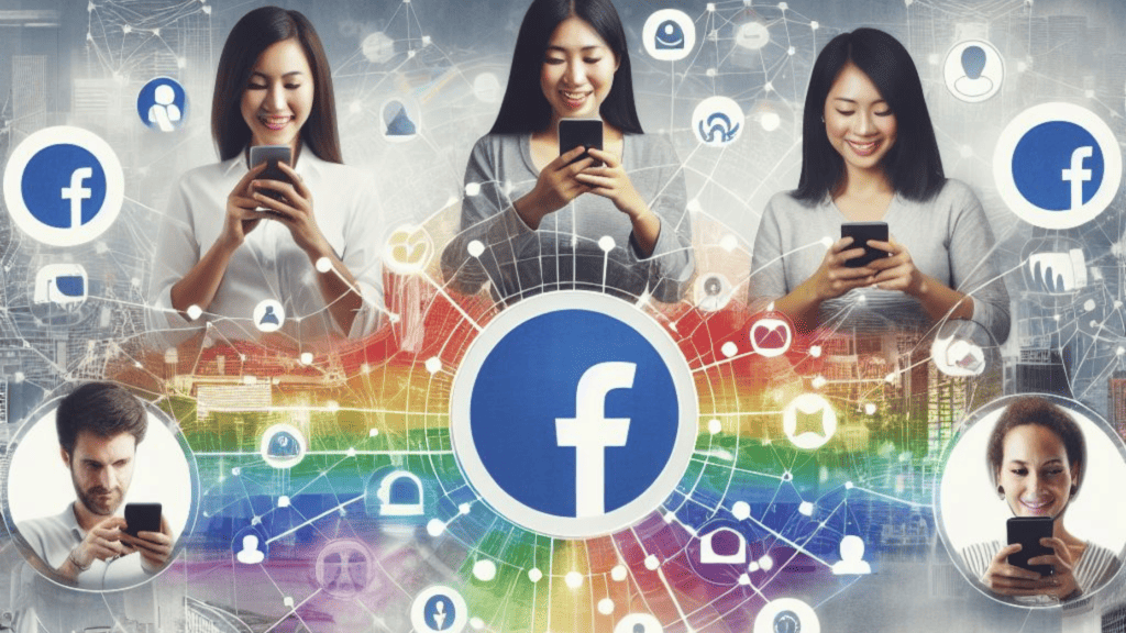 Image of diverse people, focused on their smartphones, overlayed with a large Facebook logo and connected by various social media marketing strategies for small business icons on a digital map background.