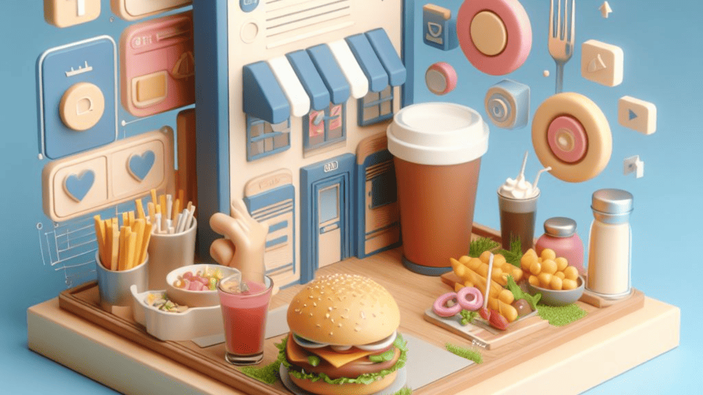 A stylized 3D illustration of a fast-food meal set on a wooden tray, featuring a hamburger, fries, salad, and beverages, surrounded by whimsical, oversized icons related to social media marketing strategy for restaurants. The color palette is soft and pastel.