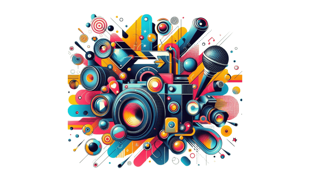 A vibrant, abstract illustration featuring an array of musical and digital elements such as microphones, speakers, and social media icons, all integrated in a dynamic, colorful explosion of geometric shapes and lines on a white background.