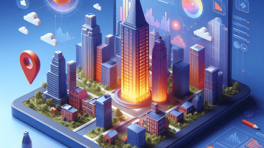 A 3D-rendered image of a futuristic city rising from a smartphone, illustrating a social media marketing strategy for restaurants. The city features high-rise buildings, an illuminated central tower, floating graphs and maps, with a soft blue background and white clouds.
