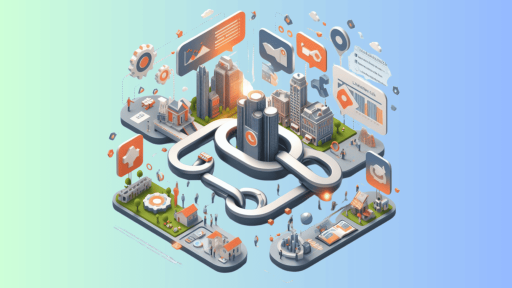 An isometric illustration of a smart city with interconnected technology and creative link building strategies. It shows roads linking buildings, parks, and services, with floating digital icons representing communication and data.