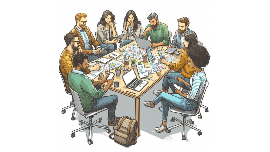 A diverse group of eight professionals around a hexagonal table, collaborating on social media marketing strategies for small businesses with laptops, papers, and digital devices, in a well-lit, casual office setting.
