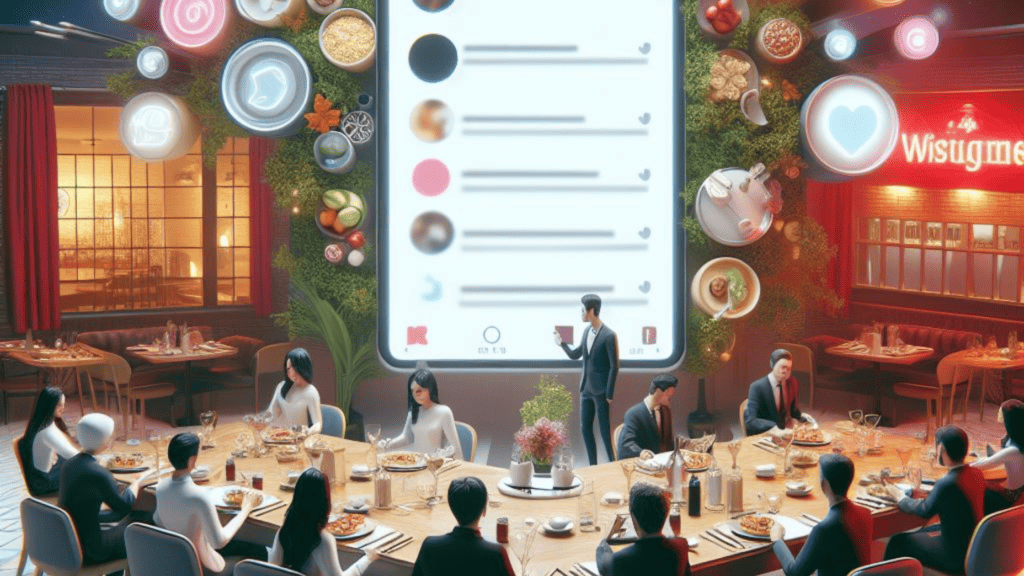 An illustration of a bustling, stylish restaurant with people dining, featuring a social media marketing strategy interface overlay with likes and comments floating among dishes like sushi and soup. A neon sign reads "wisigma" in the background.