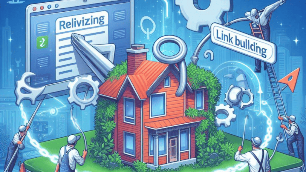 Illustration of a house with people using large tools and digital icons for "relivizing" and "creative link building strategies," symbolizing website optimization and maintenance in a technological landscape.