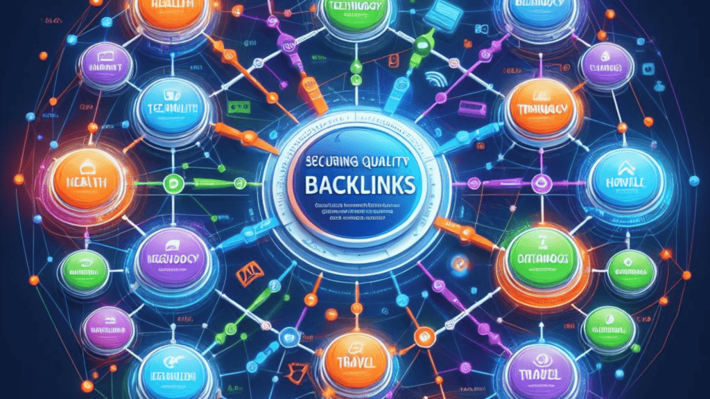 Vibrant digital illustration depicting a network of interconnected spheres labeled with various industry sectors like health, technology, and finance, centered around a larger sphere marked "Creative Link Building Strategies.