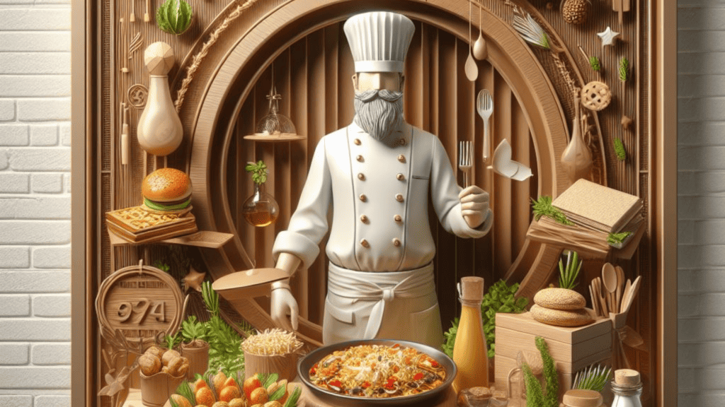 An intricately detailed 3D illustration of a chef in a white uniform and toque holding a spatula in a kitchen filled with assorted foods like pasta and pizza, surrounded by wooden shelves adorned with culinary items and ingredients, perfect for enhancing a social media marketing strategy for restaurants.