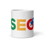 SEO White Glossy Mug with the acronym "seo" in colorful letters. the 's' is green, the first 'e' is orange, the 'o' is blue with a stylized red rocket icon emerging from the center, positioned against a plain white background.