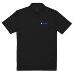HR EliteStride Polo featuring a collar, short sleeves, and a button-up neckline. it has a small logo on the left chest that reads "hosty rank" with a distinctive design symbol. the fabric appears smooth and lightweight.