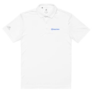 A white HR EliteStride Polo shirt displayed on a plain background. the shirt features the adidas logo on the right sleeve and a small logo "@hostyrank" on the left chest area.