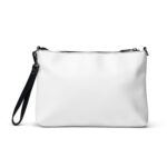 A white SEO Crossbody bag with a black zipper and strap, isolated against a white background, showcasing a sleek and simple design.