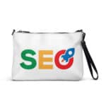 SEO Crossbody bag with a black strap, featuring the letters "seo" in large, bold type. each letter is in a different color: green, red, and blue, with a small magnifying glass icon incorporated into the letter "o.