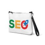 A rectangular white SEO Crossbody bag featuring the letters "seo" in large, colorful blocks of green, red, and blue, with a stylized magnifying glass design forming the letter "o." The bag has a black strap and a zipper on top.