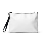 A white leather SEO Crossbody bag with a black zipper and wrist strap, isolated on a white background. the bag has a sleek, minimalist design with no visible branding.