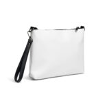 A white, square-shaped SEO Crossbody bag with a black wrist strap and black zipper, positioned upright against a solid white background, providing a clean, minimalistic look.