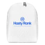 A white HR Urban Voyager Backpack with a black zipper, featuring a blue logo that reads "hr hasty rank" above the text "a full-service digital marketing & website design company.