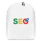 SEO Minimalist Backpack featuring the letters "seo" in bold, colorful typography with the 'o' stylized as a magnifying glass examining a gear, illustrating the concept of search engine optimization.