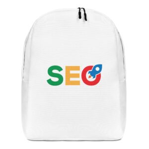 SEO Minimalist Backpack featuring the letters "seo" in bold, colorful typography with the 'o' stylized as a magnifying glass examining a gear, illustrating the concept of search engine optimization.