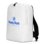 A HR Urban Voyager Backpack with a zipper stands against a white background. It features a company logo for "hasty rank" with the initials "hr" in a blue circle, labeled as an ai service shop specializing in marketing & website design.