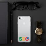 Flat lay of a modern workspace: a SEO Clear Case for iPhone®, a gold wristwatch, black sunglasses, notebook, and a pencil, all arranged neatly on a dark surface.