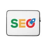 A SEO Laptop Sleeve with a white background featuring the word "seo" in large letters. each letter is in a different color: green, red, and blue, with a wrench and magnifying glass integrated into the letter 'o'.