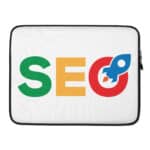 A SEO Laptop Sleeve featuring the letters "seo" in large, bold type, colored green, yellow, and red. the letter 'o' is stylized with a blue rocket design, all against a white background.