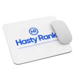 A white computer mouse next to a HR PrecisionPad Mouse Pad with blue logo "hr hasty rank" and text "a full-service digital marketing & website design company.