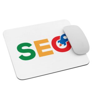 A computer mouse on a SEO Mouse pad with the acronym "seo" printed in colorful letters resembling the google logo, with a piece of a puzzle connecting the 's' and 'o'.