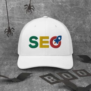 A white SEO Professional Cap with the letters 