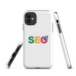 Three views of a SEO Tough Case for iPhone® with a white case featuring the word "seo" in colorful letters on the back. The left side view shows volume buttons, the front right side view shows the power button, and the rear view highlights the dual camera setup.