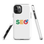 Three views of a white SEO Tough Case for iPhone® featuring a triple lens camera cutout and printed with the word "seo" where the "o" is stylized as a magnifying glass focusing on a target icon. The side view shows button covers and other case cutouts.