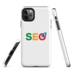 Three views of a SEO Tough Case for iPhone® with a white case featuring the word "seo" in green, orange, and blue letters, accompanied by a colorful circular logo, displayed on the back. The side view shows the phone's buttons.