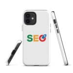 A white SEO Tough Case for iPhone® featuring a multi-colored "seo" logo on the back, with the phone displayed from three angles showing the camera and side buttons.