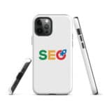 Three views of an iPhone® with a white SEO Tough Case featuring an "seo" logo on the back. The phone has a triple-camera setup and volume buttons are visible on the side. Isolated on a white background.