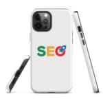 Three views of a iPhone with a white case featuring the word "seo" in colorful letters on the back. The case has cutouts for the phone's triple-lens camera and buttons. One phone stands upright, another lies face-up, and a third shows its side profile.