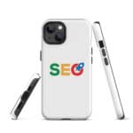 Three views of a SEO Tough Case for iPhone® in a white case featuring the letters "seo" in colorful design on the back. the phone has a triple-lens camera and is depicted from the rear, side, and with a frontal view showing volume buttons.