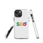A white iPhone® with a camera cut-out, encased in a SEO Tough Case featuring a logo with the letters "seo" in multicolored text. The phone is displayed from various angles, highlighting its silver edges and volume buttons.