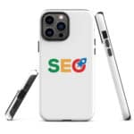 Three views of a white smartphone with a triple camera system in the SEO Tough Case for iPhone® featuring a logo that spells "seo" with the letters s, e, and a magnifying glass forming the o positioned on the back.