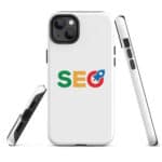 A SEO Tough Case for iPhone® with a white case bearing the letters "seo" in colorful google-style font, positioned vertically. the phone has a triple-camera setup on the back and visible side buttons on one edge. three views are displayed: front, back, and side.
