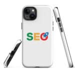 A iPhone with a white SEO Tough Case featuring the letters "seo" in bold, colorful typography. the phone has three cameras aligned in a square formation and various buttons visible on its edges.
