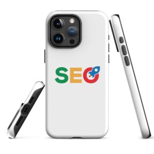 Three views of the SEO Tough Case for iPhone® with a white case featuring the "seo" text in google's colors on the back. The case is shown from the back, side, and bottom, highlighting its camera setup and ports.