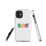 Three views of a white smartphone in a SEO Tough Case for iPhone®, featuring a colorful "seo" logo, shown from the front, back, and side, against a white background. The back showcases the camera setup.