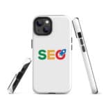 Three views of an SEO Tough Case for iPhone® in a white case featuring a logo with the letters "seo" in colorful text. the phone has dual rear cameras and is displayed from the back, side, and front, highlighting its design and buttons.