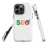 Three views of a white SEO Tough Case for iPhone® with a triple-lens camera, featuring the word "seo" in colorful letters on the back; the side view shows volume and power buttons.