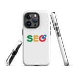 Three views of an iPhone with a white SEO Tough Case featuring a colorful "seo" logo. the device displays a triple-camera setup on the back. one phone is seen from the back, and the others show the side and bottom, highlighting the buttons and ports.