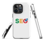 Three views of a smartphone with a white case featuring the SEO Tough Case for iPhone® logo in google's colors on the back are shown. the views include the front, back, and side angles of the phone, highlighting its camera setup and design.