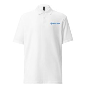 A plain white HR ClassicEdge Polo with a collar and two buttons at the neckline. it features a small black logo text "hasty rank" embroidered on the left chest area. the shirt is displayed on a white background.