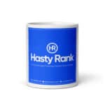 A white HR Cheerful Brew Mug with a blue logo that reads "hr hasty rank" along with text underneath: "a full-service digital marketing & website design company", plus phone number and website url.