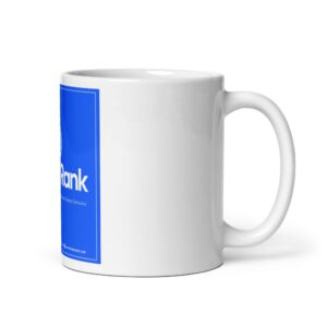 A white ceramic HR Cheerful Brew Mug with a blue label featuring the logo and text "ebank - your online banking company" on a plain white background. The logo and text are visible on one side of the mug.